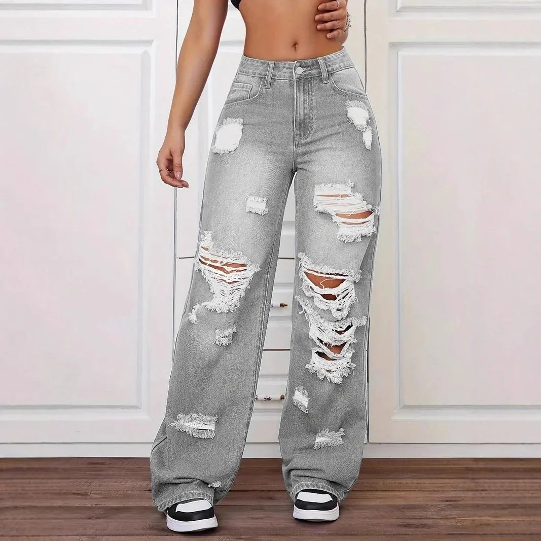 Raw Edge Jeans — Women's High-Rise Ripped Straight Denim