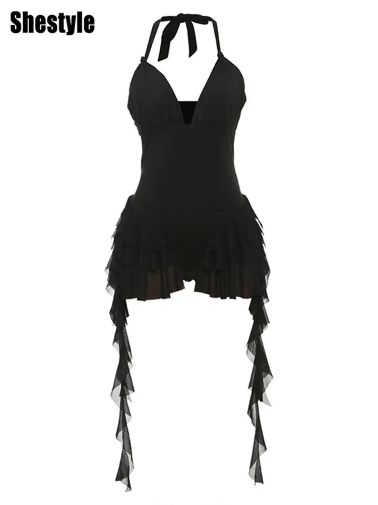 Ruffle Halter Backless Playsuit