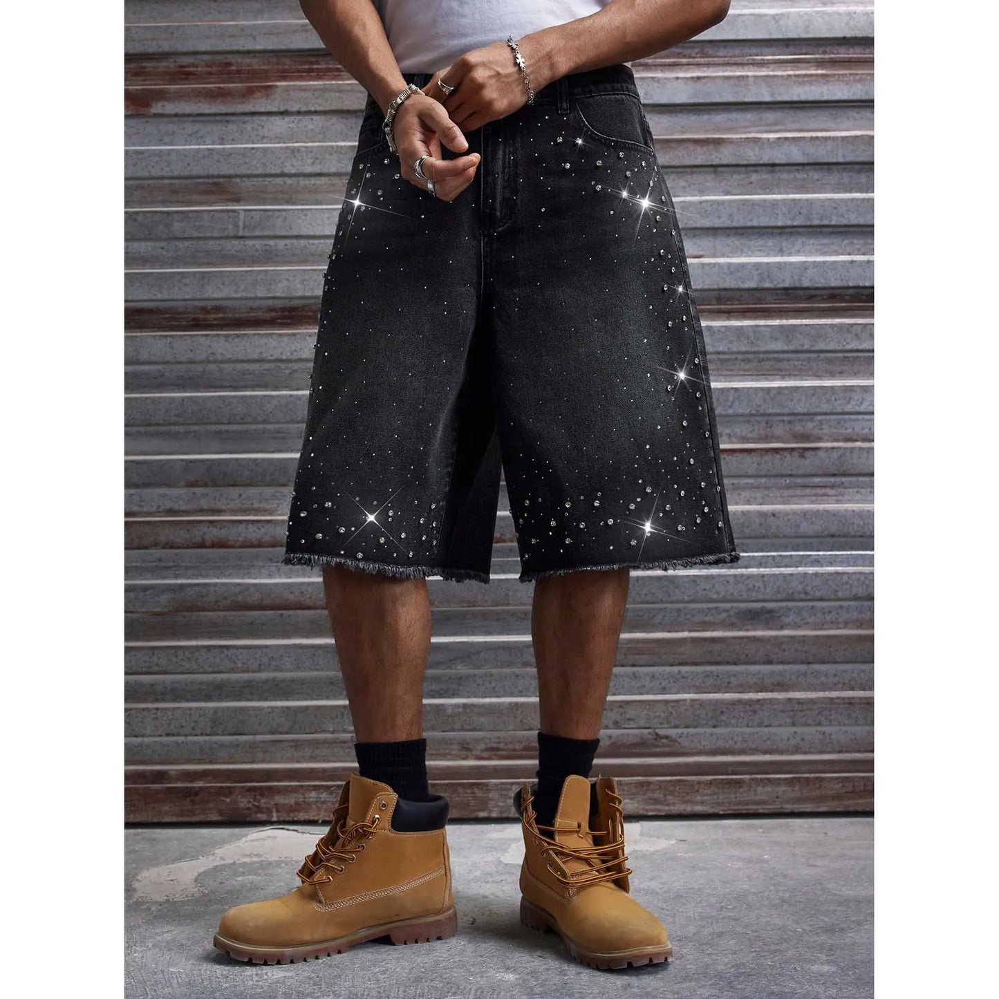 Rhinestone Denim Shorts, Black Wash