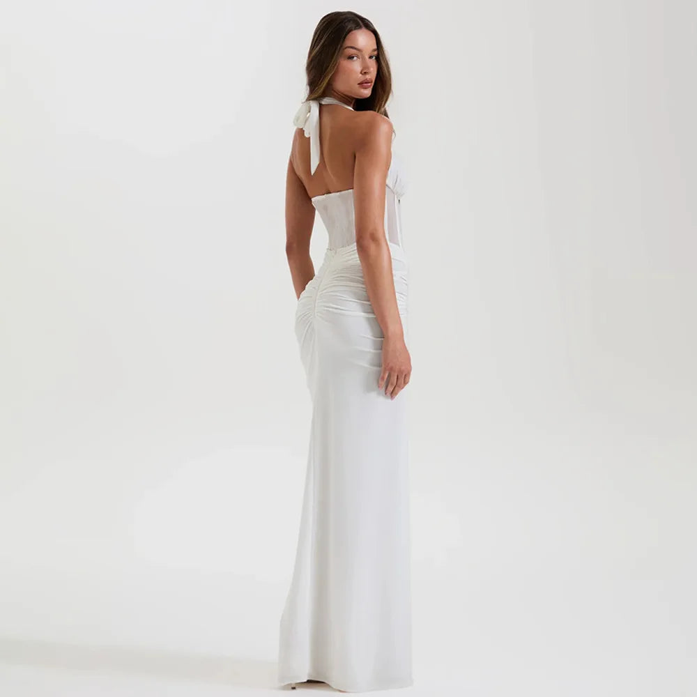 Halter Backless Mesh Maxi Dress