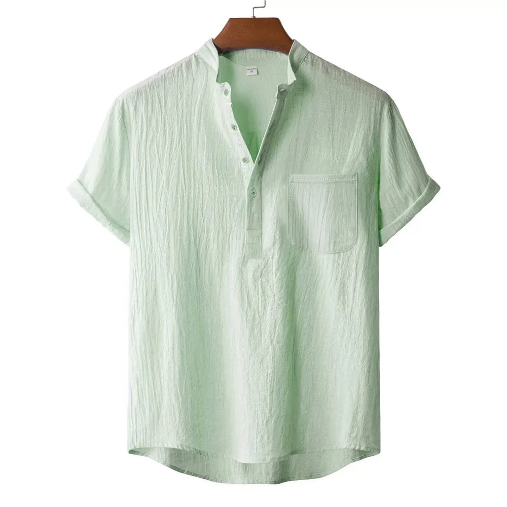 Cotton-Linen Henley Shirt, Beach Style