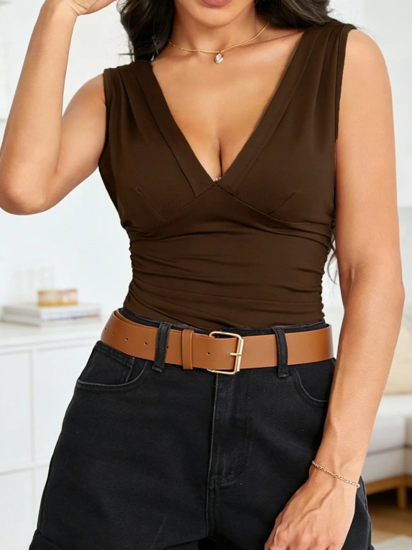 Deep V-Neck Pleated Tank Top