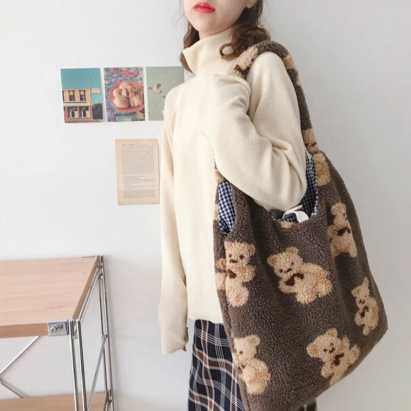 Bolso De Hombro De Felpa Para Mujer, Bolso De Mano De Tela Cálida, Bolso De Lona Suave, Bolsos De Compras De Gran Capacidad, Bolsos De Libros De Oso Lindo Para Damas