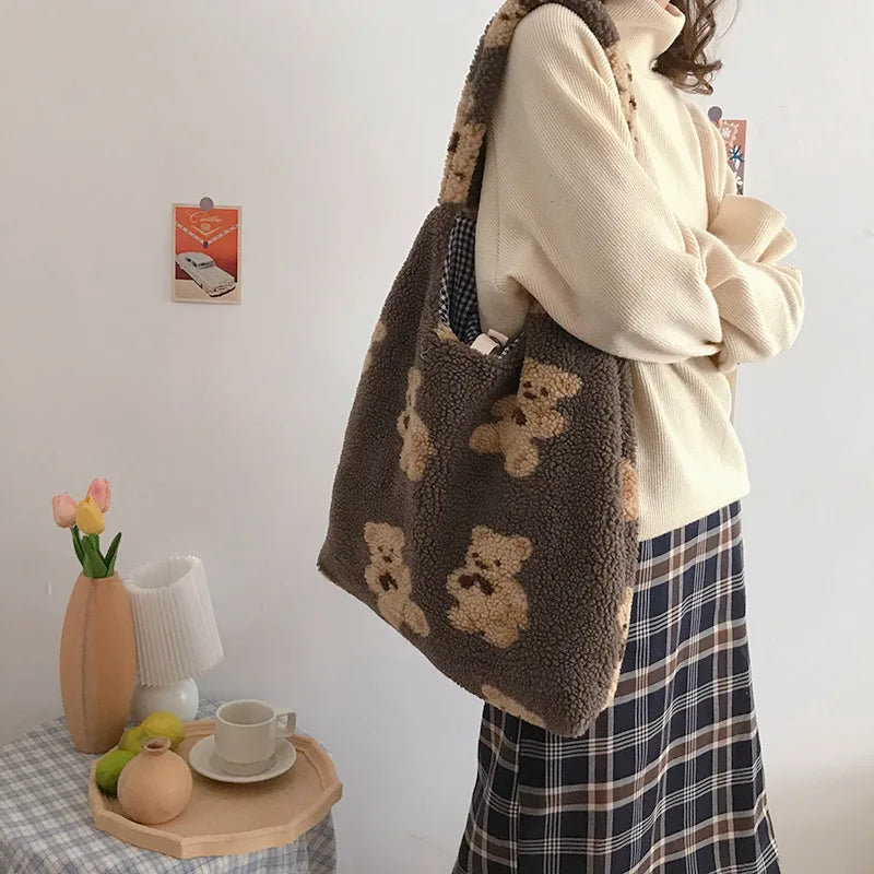 Bolso De Hombro De Felpa Para Mujer, Bolso De Mano De Tela Cálida, Bolso De Lona Suave, Bolsos De Compras De Gran Capacidad, Bolsos De Libros De Oso Lindo Para Damas