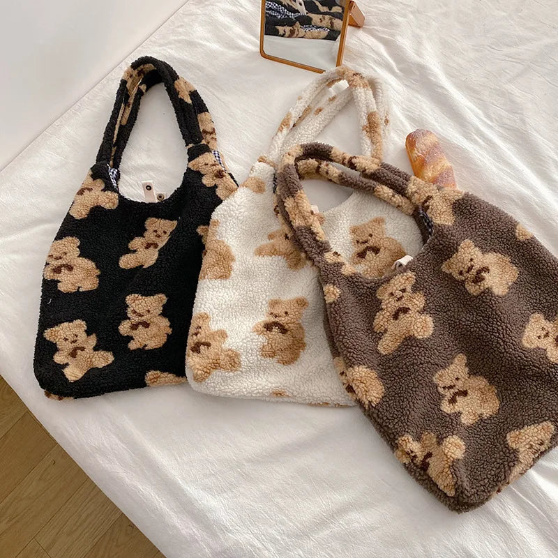 Bolso De Hombro De Felpa Para Mujer, Bolso De Mano De Tela Cálida, Bolso De Lona Suave, Bolsos De Compras De Gran Capacidad, Bolsos De Libros De Oso Lindo Para Damas