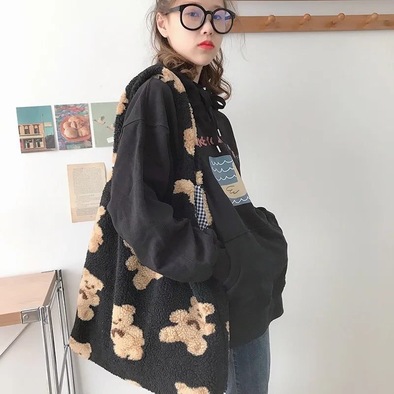 Bolso De Hombro De Felpa Para Mujer, Bolso De Mano De Tela Cálida, Bolso De Lona Suave, Bolsos De Compras De Gran Capacidad, Bolsos De Libros De Oso Lindo Para Damas