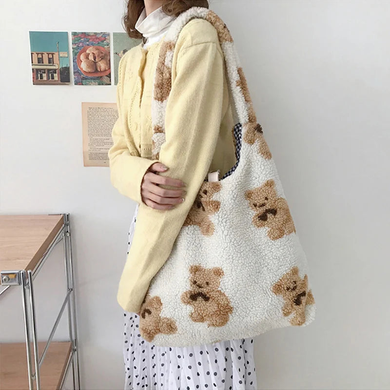 Bolso De Hombro De Felpa Para Mujer, Bolso De Mano De Tela Cálida, Bolso De Lona Suave, Bolsos De Compras De Gran Capacidad, Bolsos De Libros De Oso Lindo Para Damas