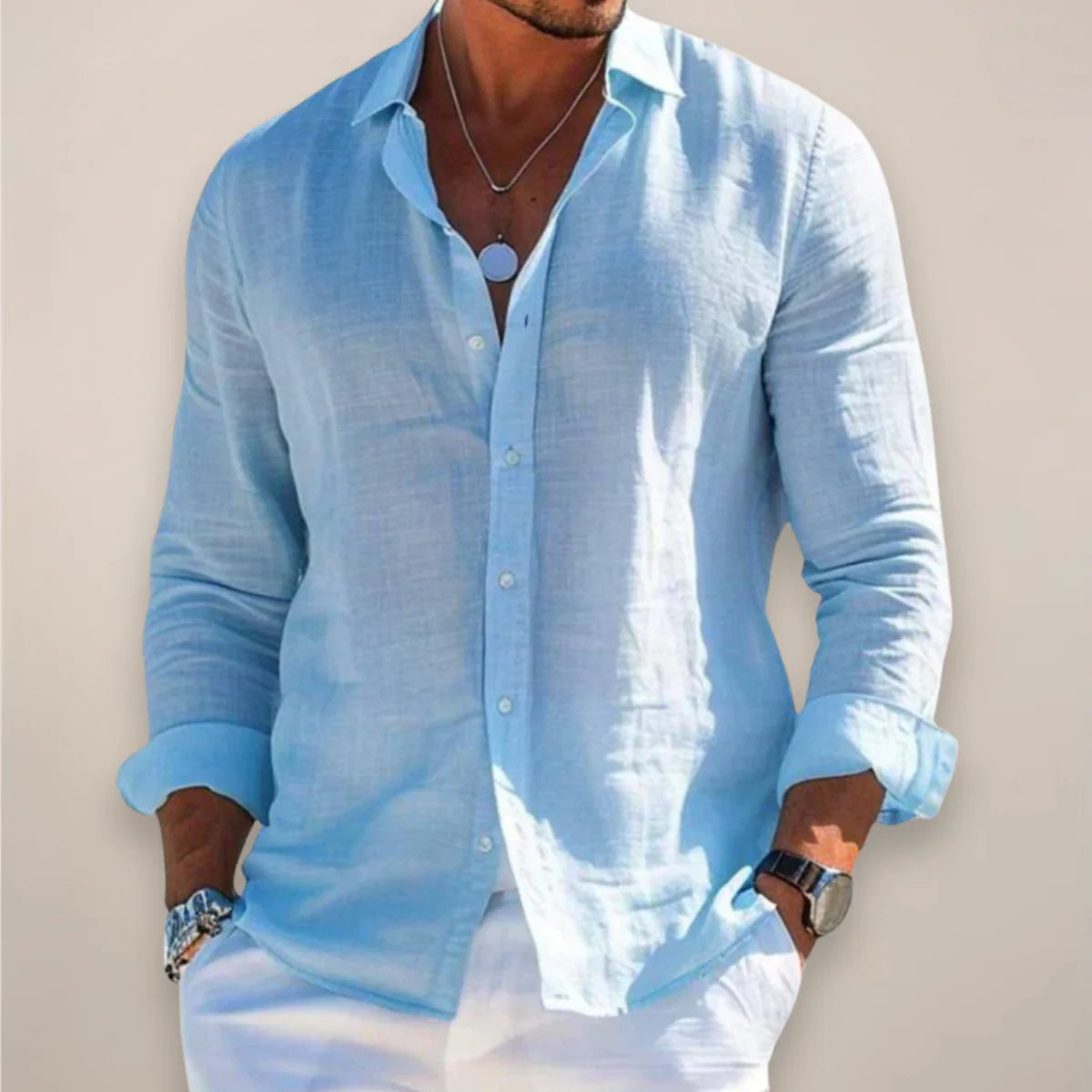 Diego | Camisa Verano Hombre Manga Larga Botones Cuello Clásico