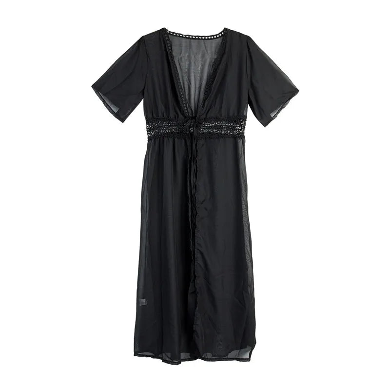 Vestido De Playa De Talla Grande Para Mujer, Ropa De Playa De Encaje Blanco Y Negro Liso, Ropa De Protección Solar, Trajes De Baño Tejidos, Cubierta De Playa Para Mujer S-3XL