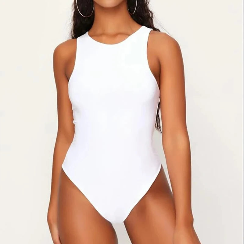 O Cuello Verano Body Sexy Sin Mangas Mujeres Hombro Cuerpo Tops Streetwear Blanco Monos Traje De Ropa Superior Catsuit Tamaño