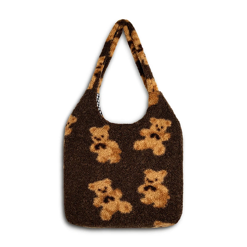 Bolso De Hombro De Felpa Para Mujer, Bolso De Mano De Tela Cálida, Bolso De Lona Suave, Bolsos De Compras De Gran Capacidad, Bolsos De Libros De Oso Lindo Para Damas