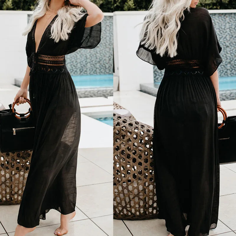 Vestido De Playa De Talla Grande Para Mujer, Ropa De Playa De Encaje Blanco Y Negro Liso, Ropa De Protección Solar, Trajes De Baño Tejidos, Cubierta De Playa Para Mujer S-3XL