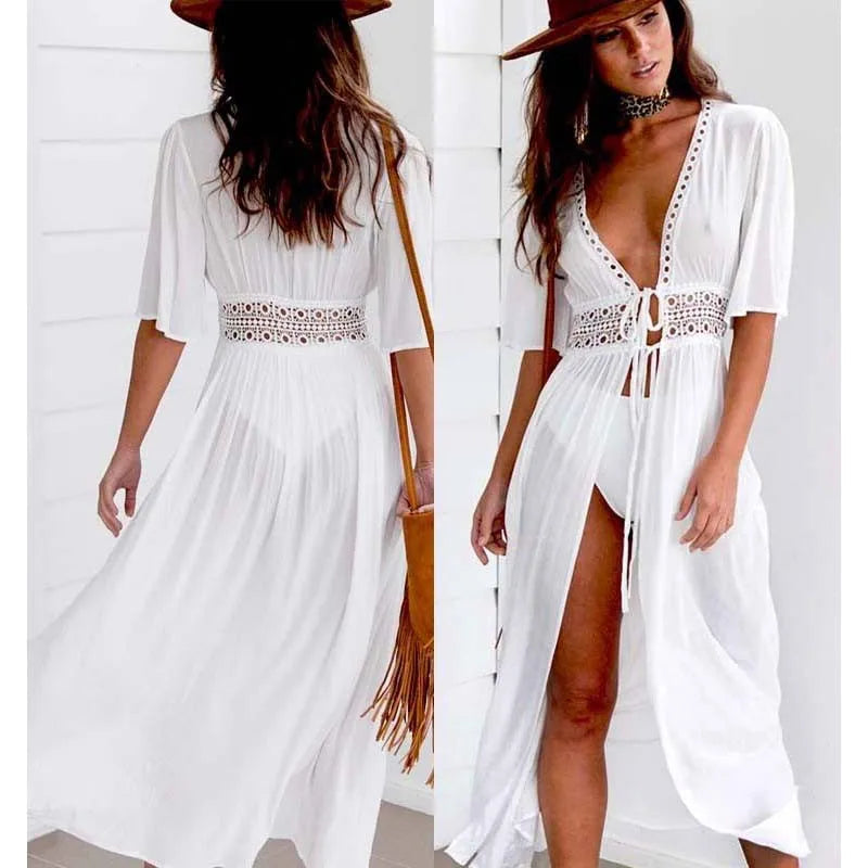 Vestido De Playa De Talla Grande Para Mujer, Ropa De Playa De Encaje Blanco Y Negro Liso, Ropa De Protección Solar, Trajes De Baño Tejidos, Cubierta De Playa Para Mujer S-3XL