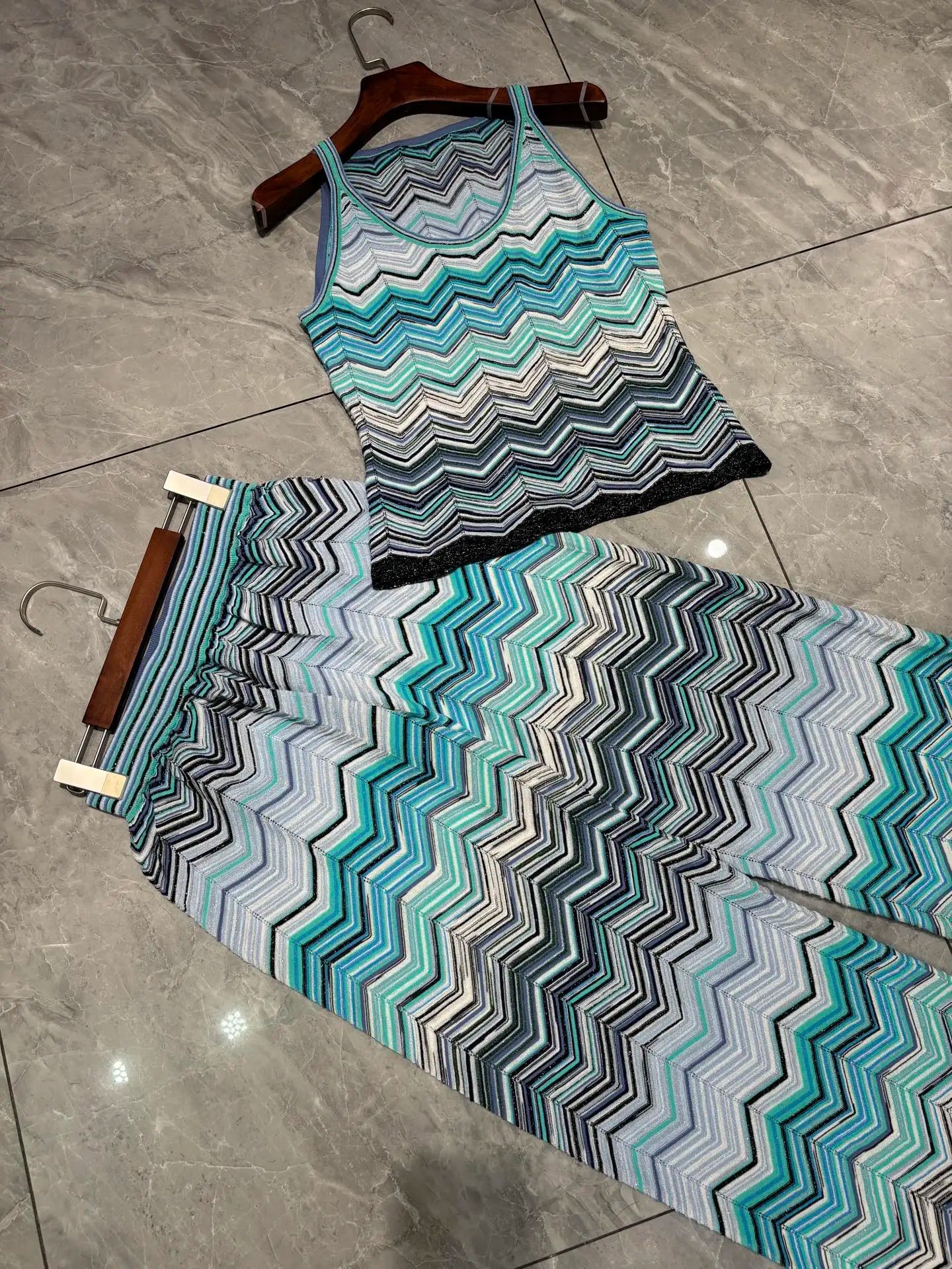Chevron Knit Top & Wide-Leg Pants Set