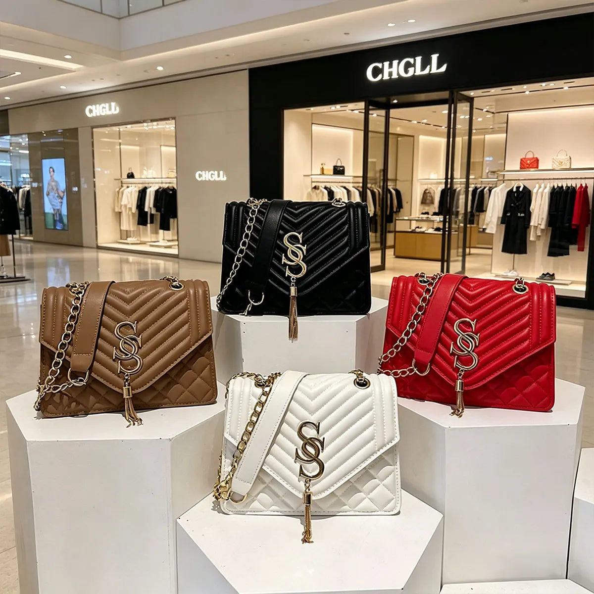 Quilted Chain Crossbody Bag, Argyle
