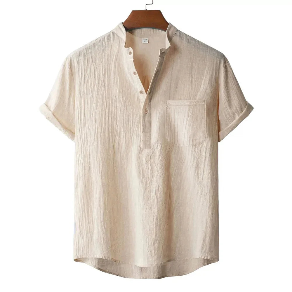 Cotton-Linen Henley Shirt, Beach Style