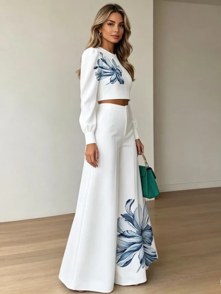 Floral Print Puff-Sleeve Top & Pants Set