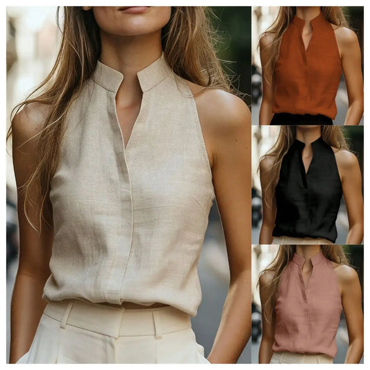 Stand Collar Sleeveless Blouse