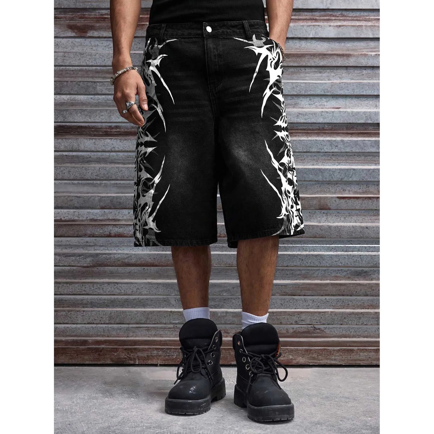 Baggy Denim Shorts, Black Wash