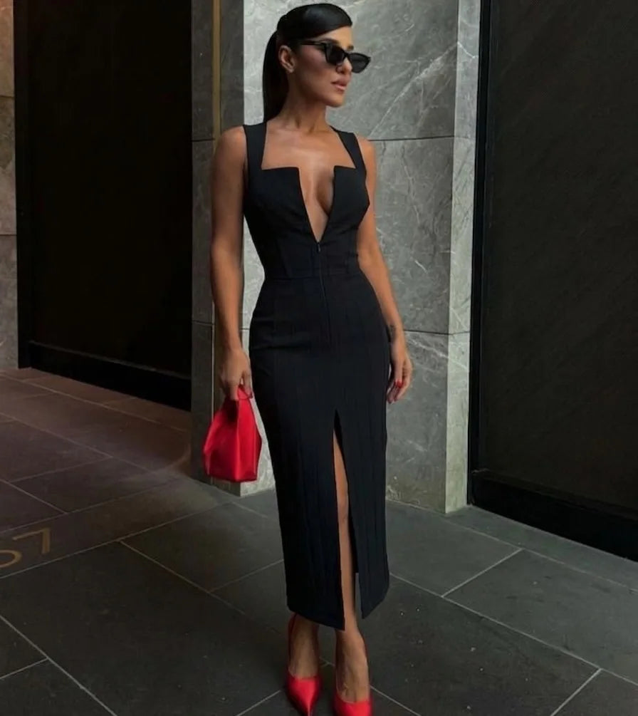 Square Neck Split Midi Dress