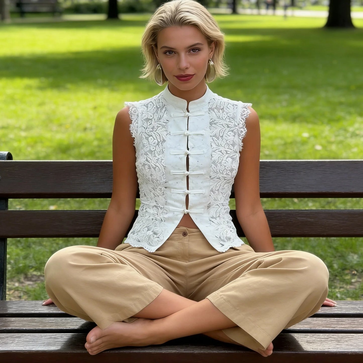 Lace Frog-Button Crop Top