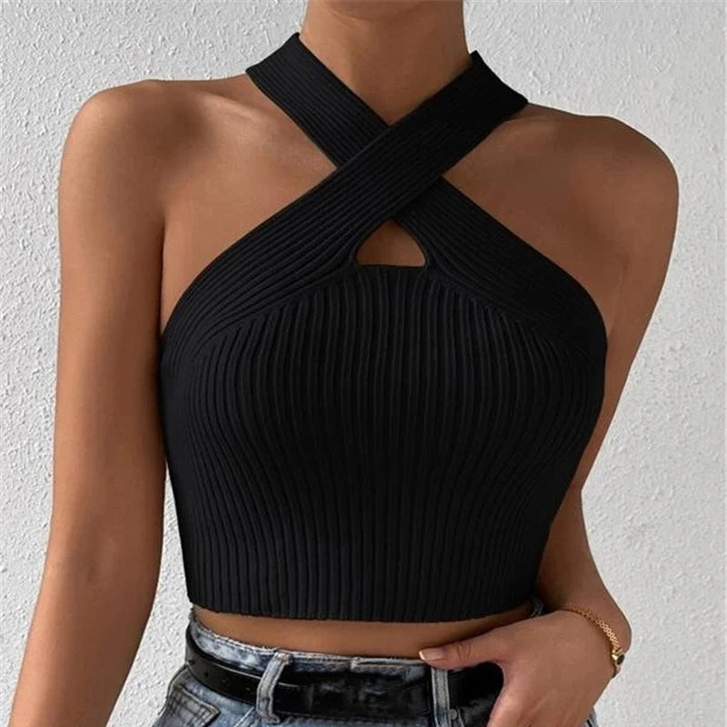 Ribbed Knit Cross-Neck Crop Top