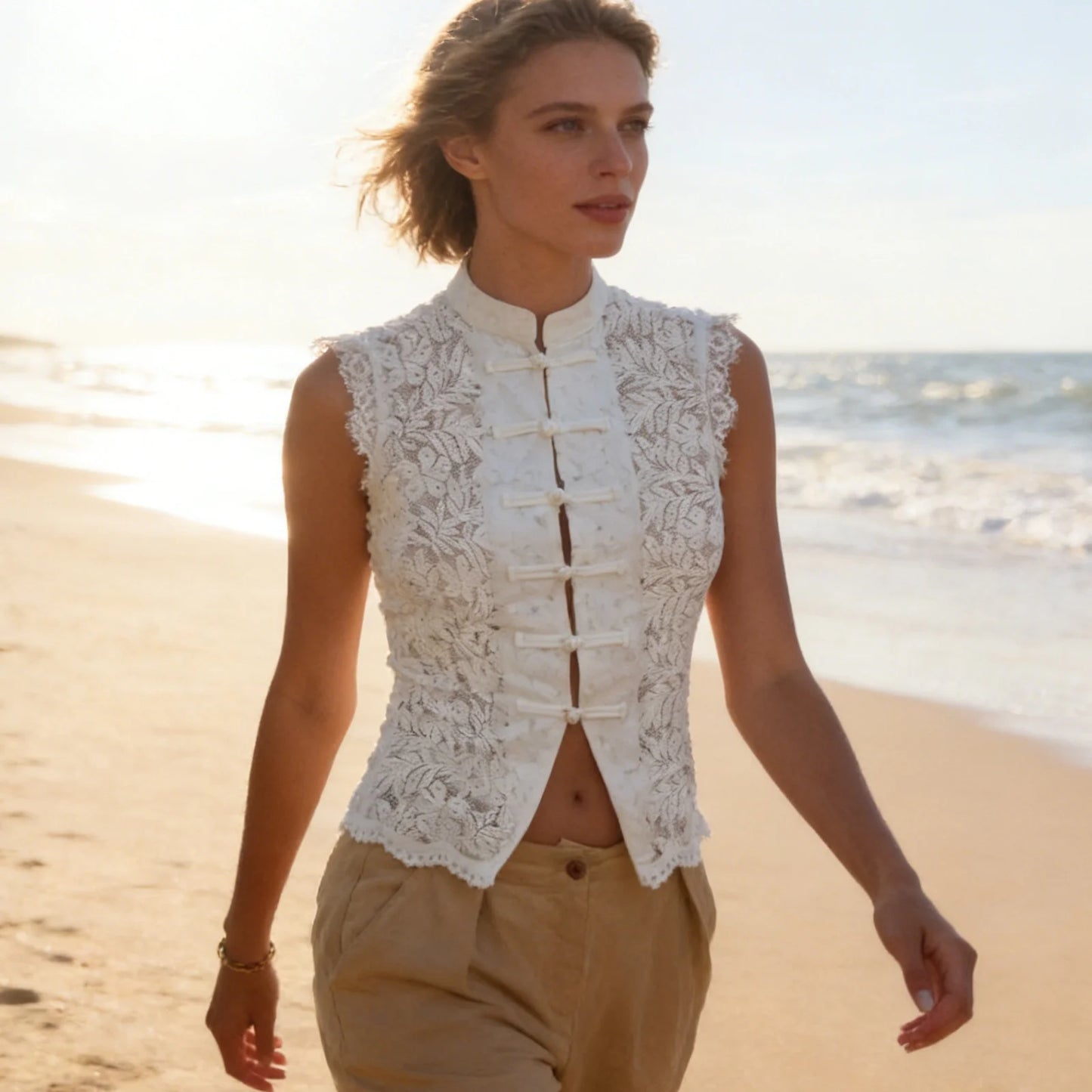 Lace Frog-Button Crop Top
