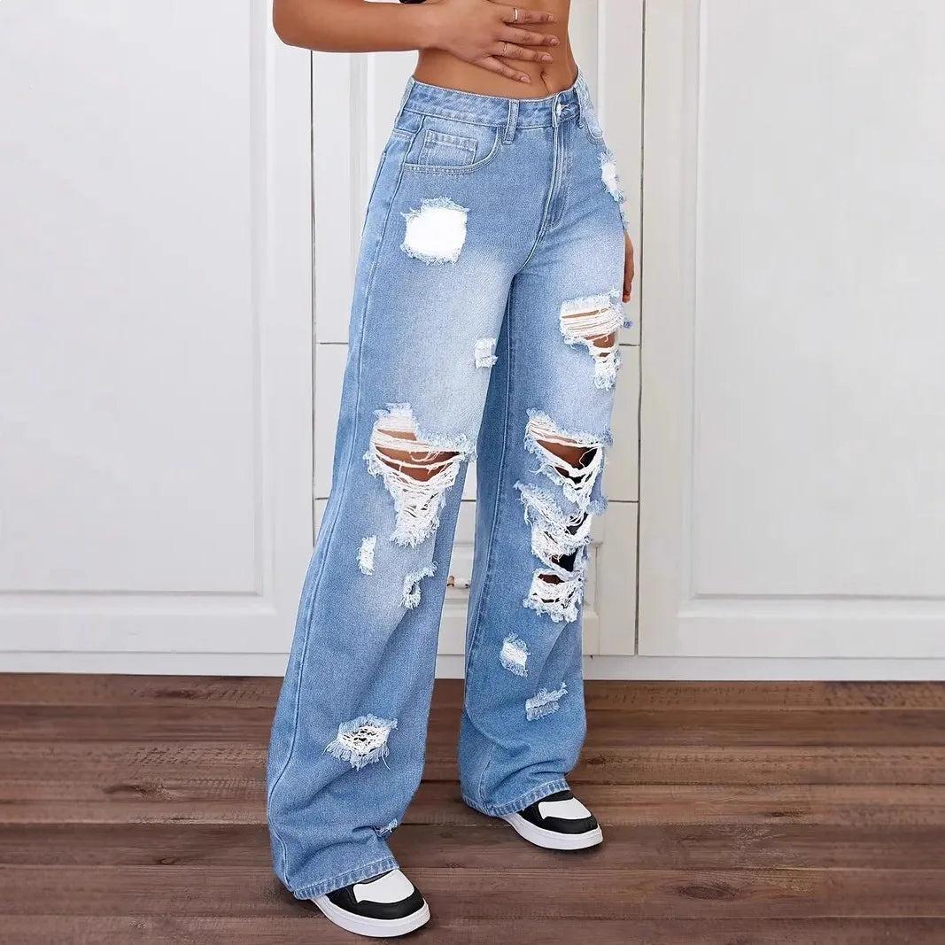 Raw Edge Jeans — Women's High-Rise Ripped Straight Denim