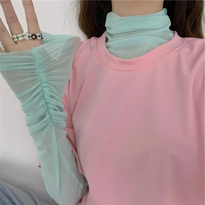 Mesh Turtleneck Long Sleeve Top