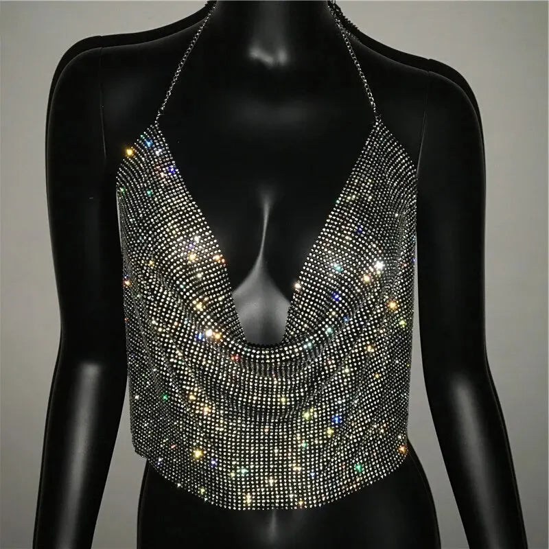 Rhinestone Backless Party Crop Top