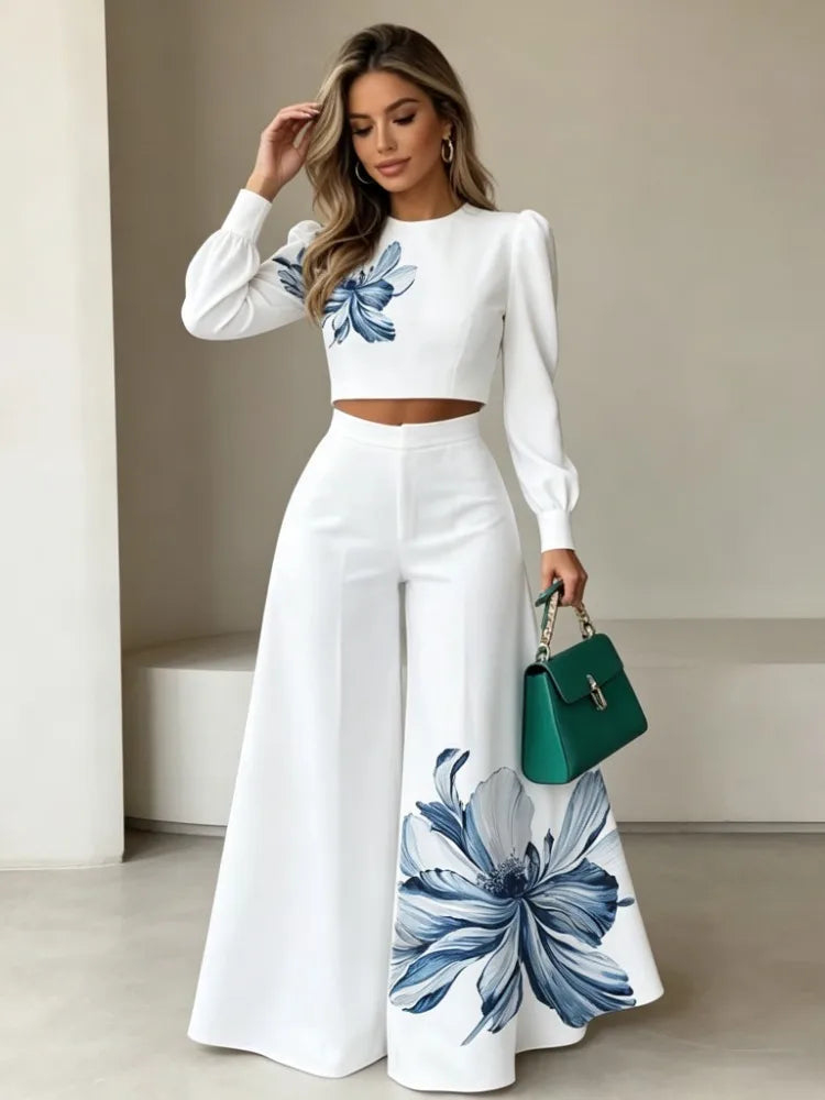 Floral Print Puff-Sleeve Top & Pants Set