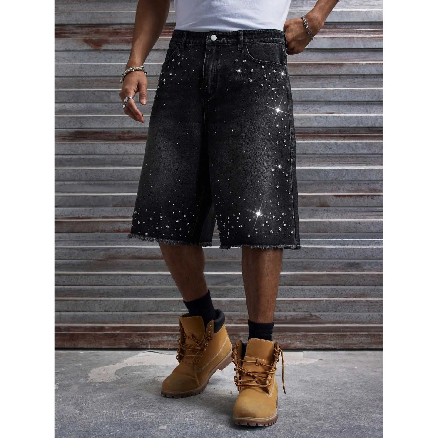 Rhinestone Denim Shorts, Black Wash