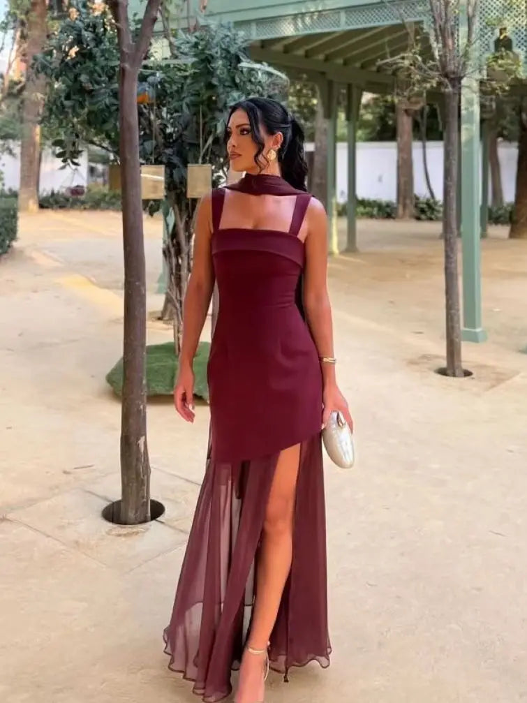 Mesh Patchwork Strap Maxi Dress