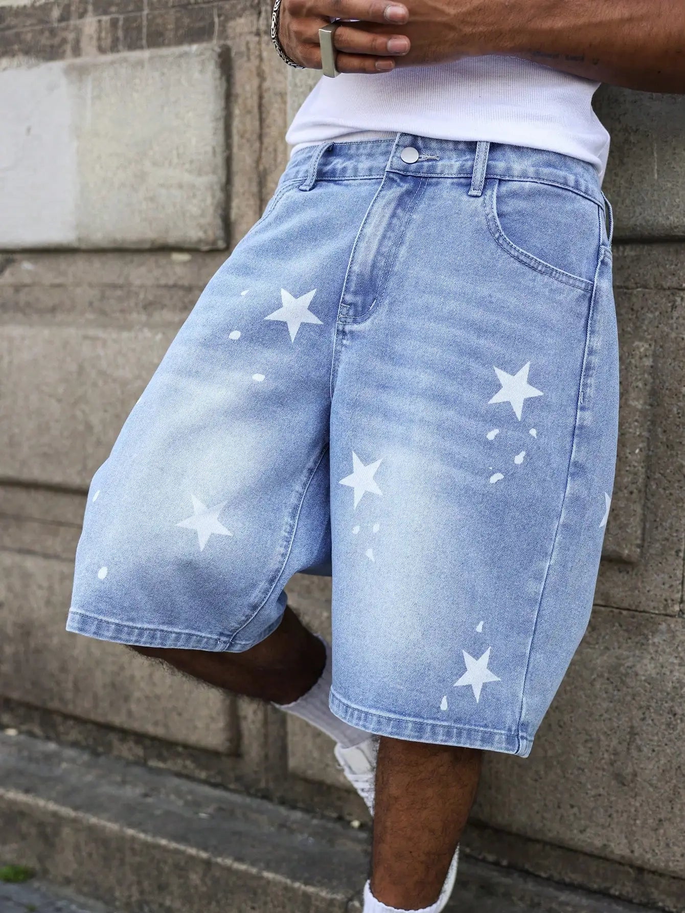 Star-Print Denim Shorts, Blue