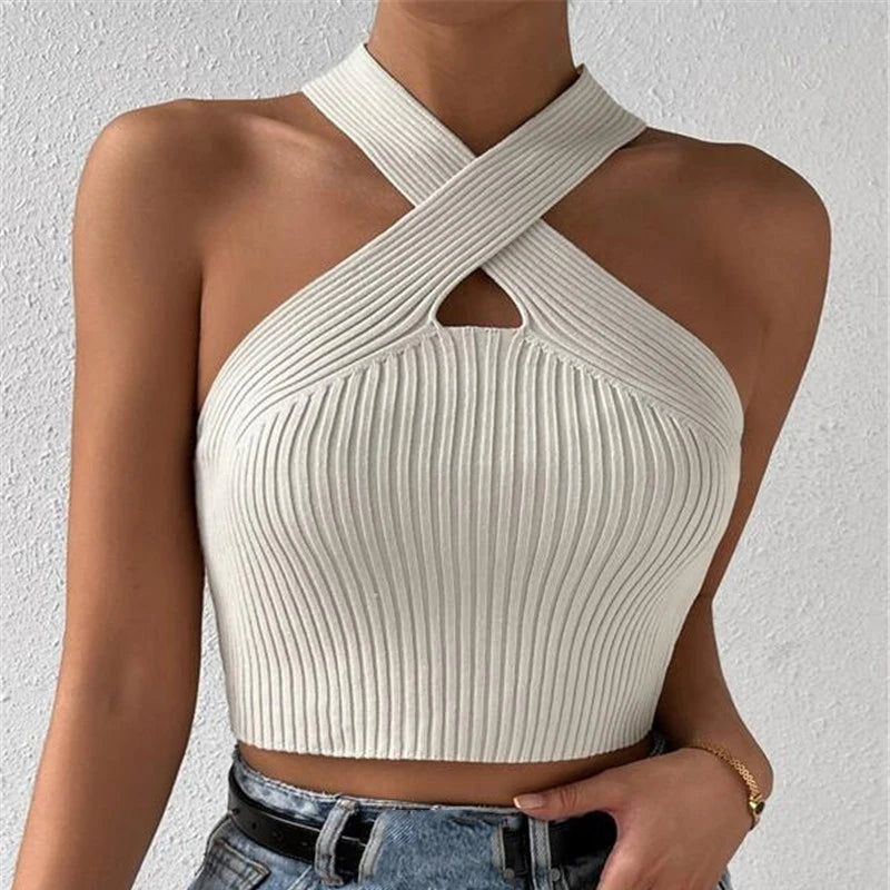 Ribbed Knit Cross-Neck Crop Top
