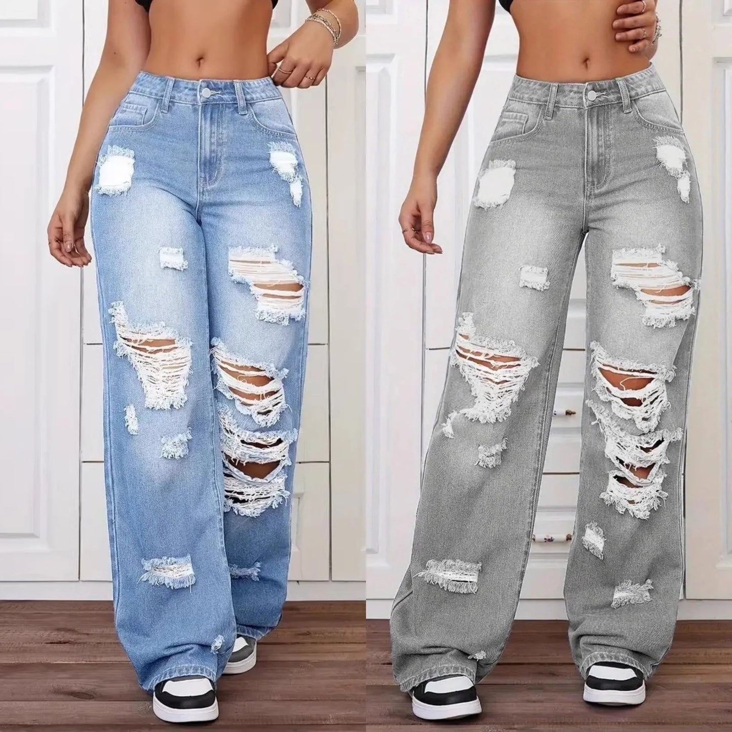 Raw Edge Jeans — Women's High-Rise Ripped Straight Denim