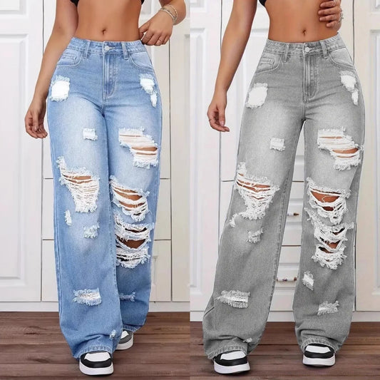 Raw Edge Jeans — Women's High-Rise Ripped Straight Denim