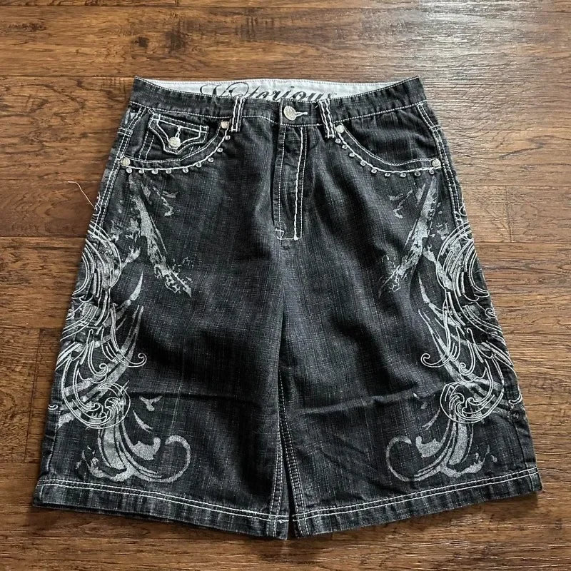 Oversized Embroidered Denim Shorts