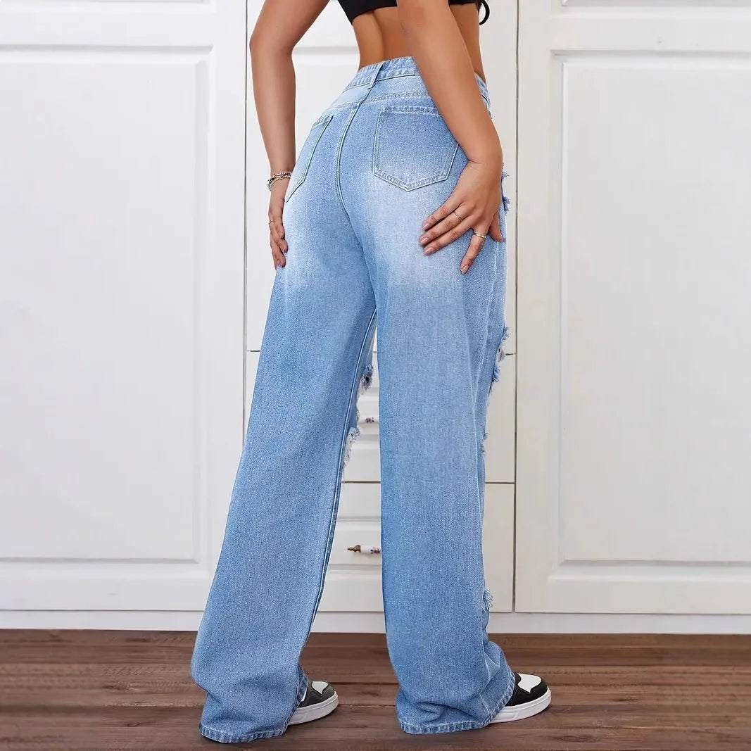 Raw Edge Jeans — Women's High-Rise Ripped Straight Denim