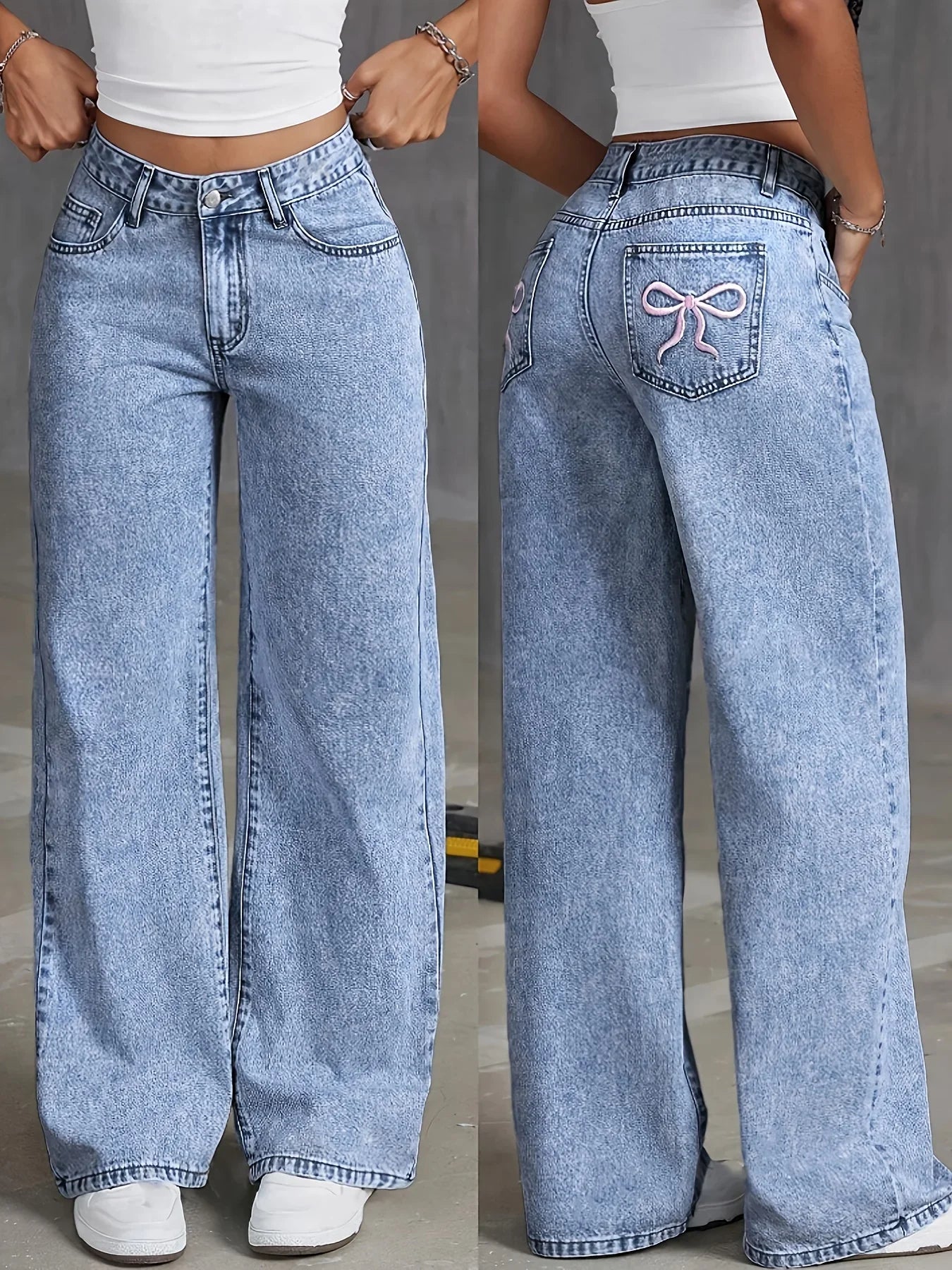 Embroidered Wide-Leg Denim Trousers