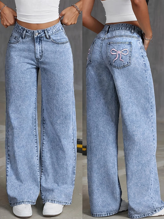 Embroidered Wide-Leg Denim Trousers
