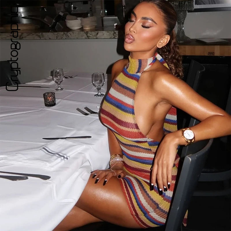 Striped Knit Halter Mini Dress