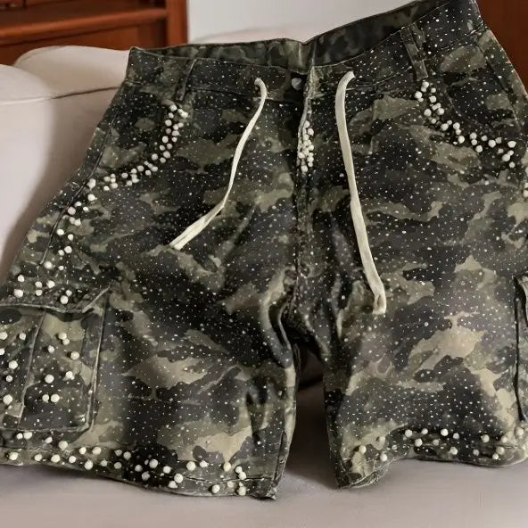 Camo Denim Shorts with Rhinestones