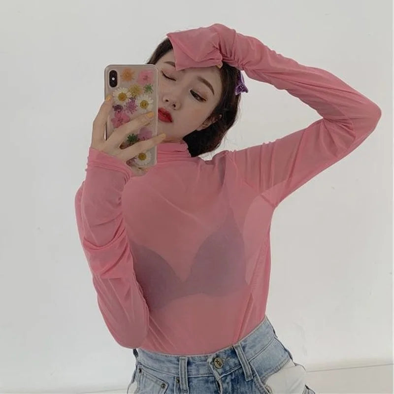 Mesh Turtleneck Long Sleeve Top
