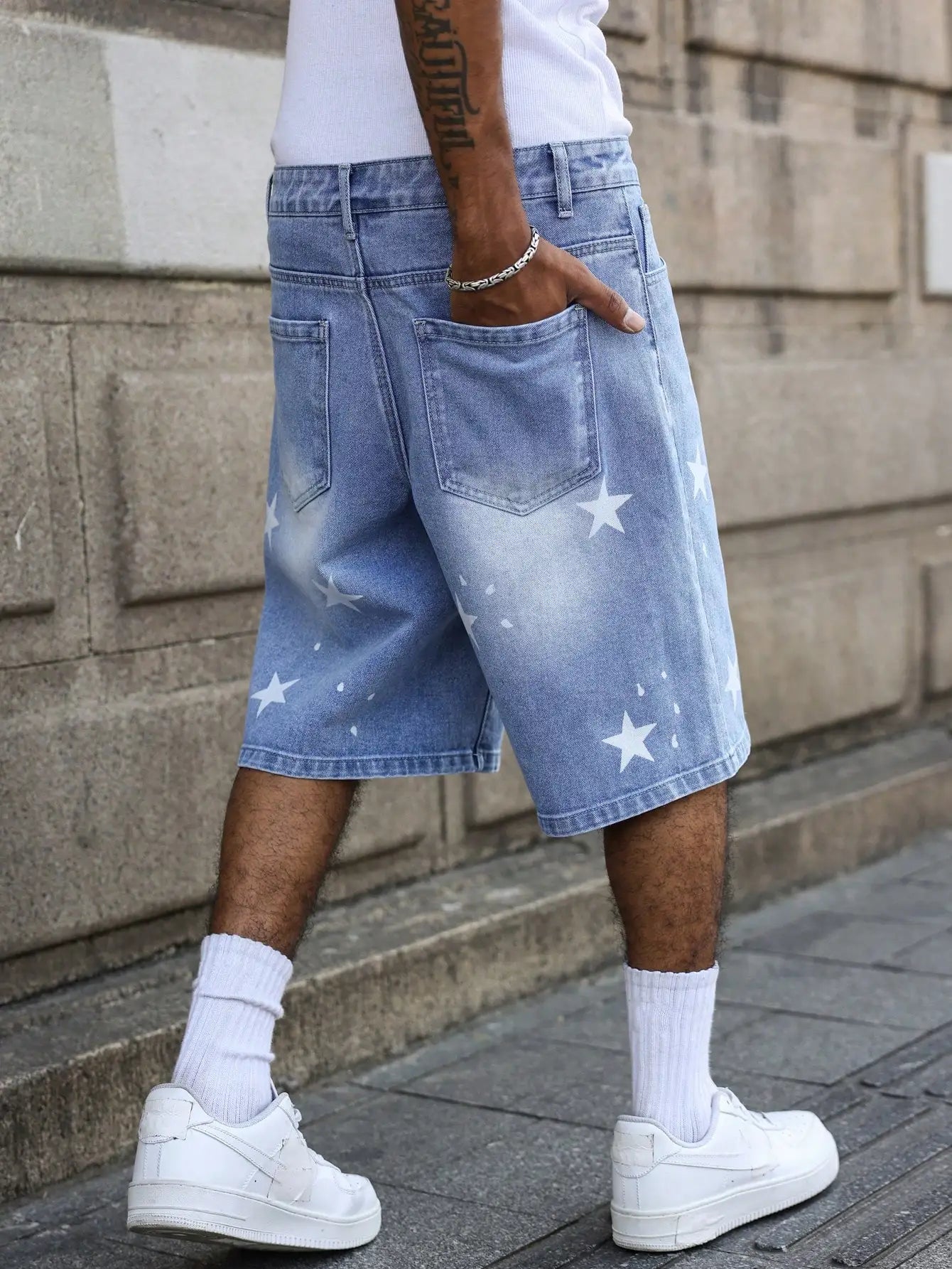 Star-Print Denim Shorts, Blue