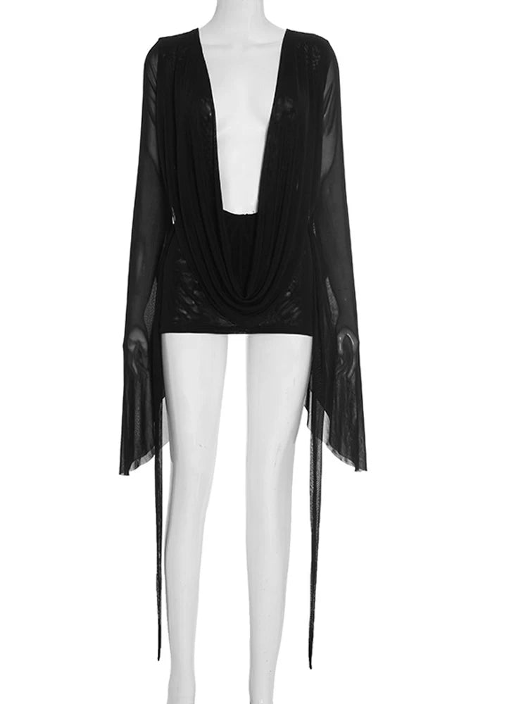Flare Sleeve Mesh Cover-Up Dress