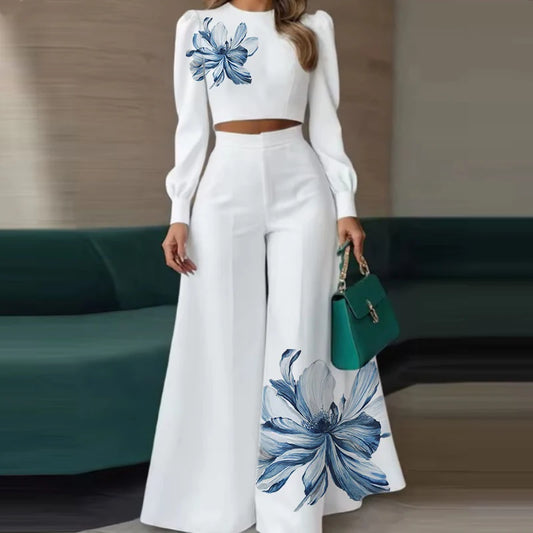 Floral Print Puff-Sleeve Top & Pants Set