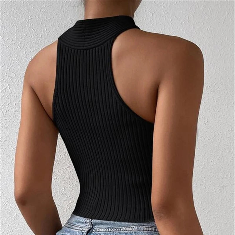 Ribbed Knit Cross-Neck Crop Top