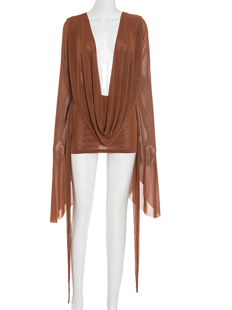 Flare Sleeve Mesh Cover-Up Dress