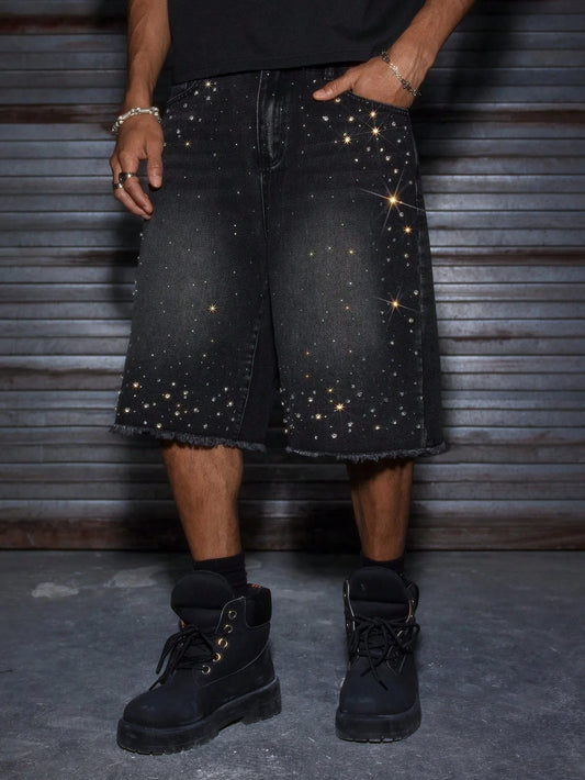 Rhinestone Denim Shorts, Black Wash